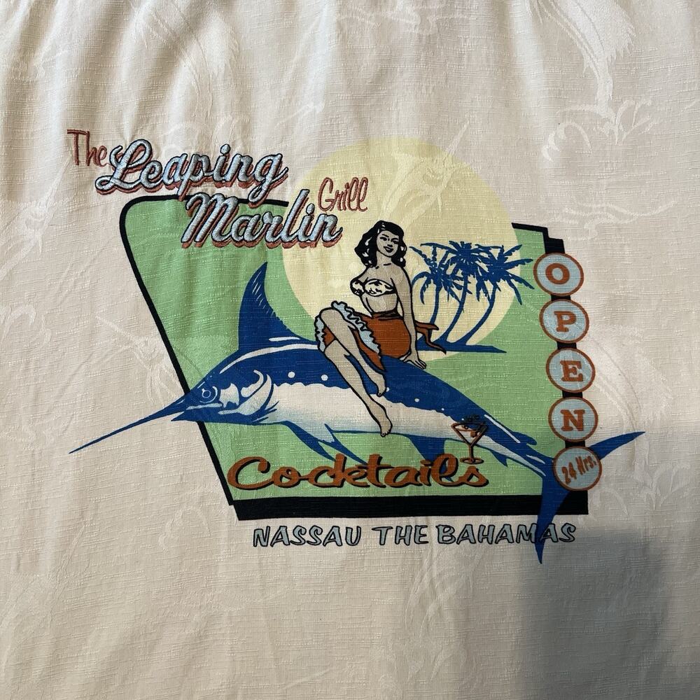 Vintage Large Silk Camp Shirt Nassau Bahamas Beach Leaping Marlin Resort Fishing